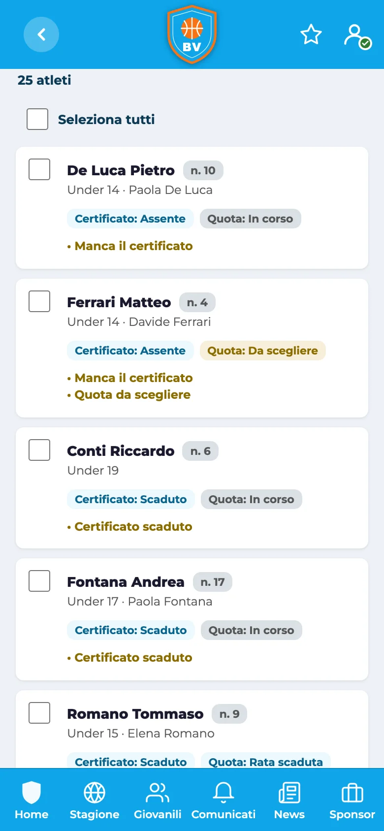 Anagrafica atleti con certificati da rinnovare