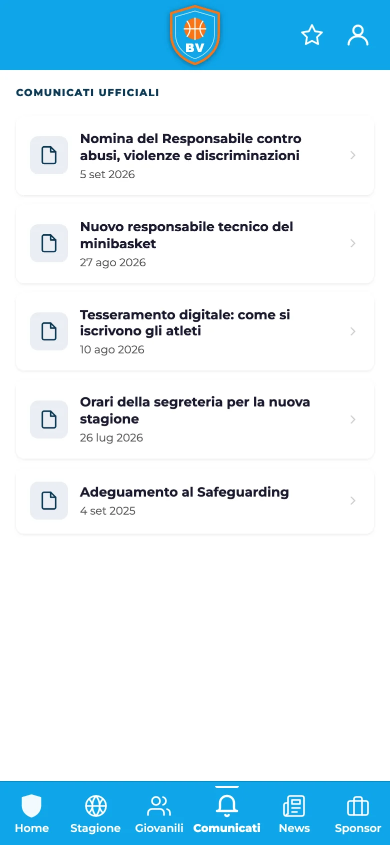 Bacheca dei comunicati della società