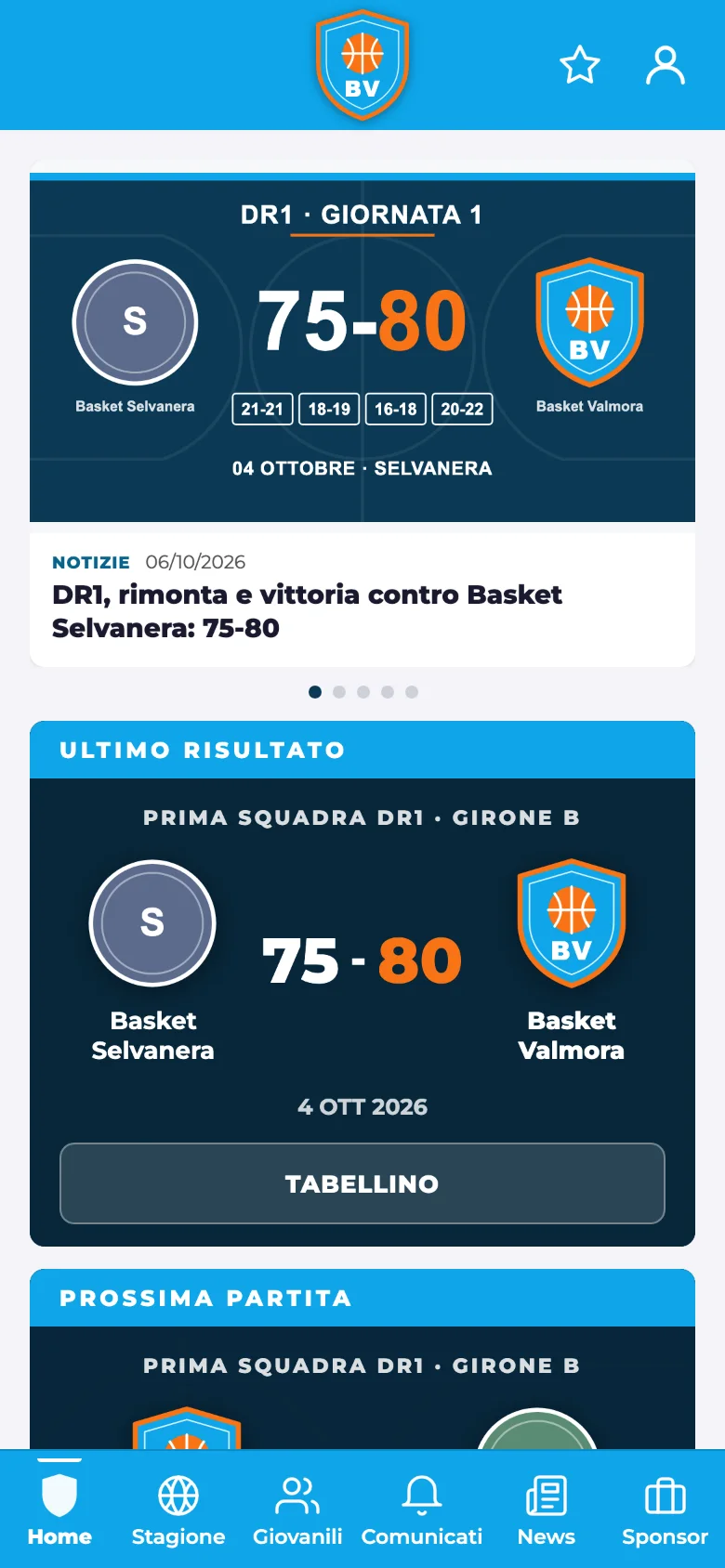 Home dell'app con il risultato dell'ultima partita