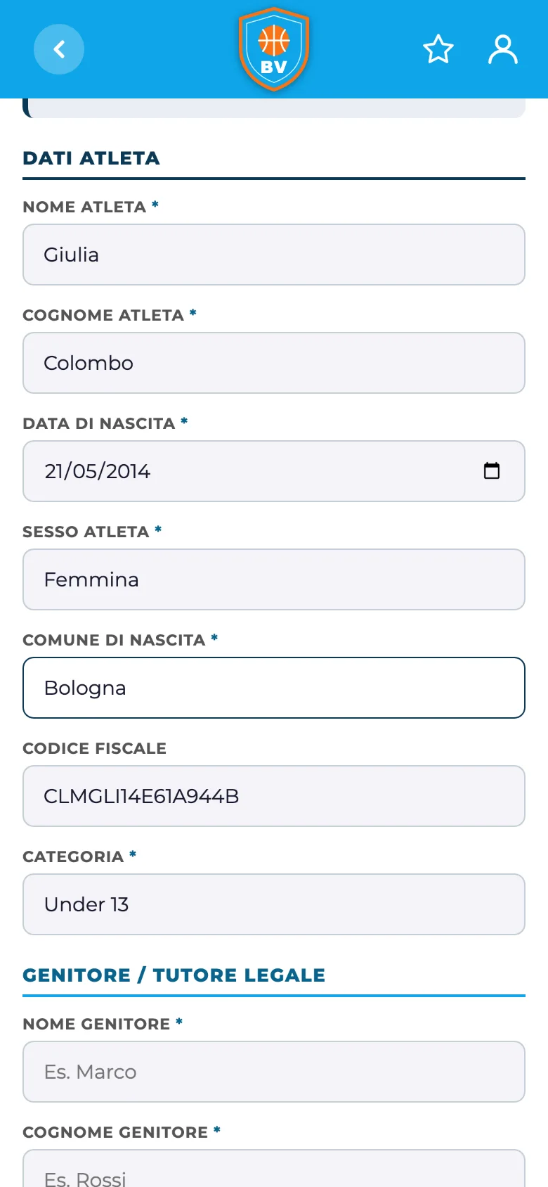 Modulo di iscrizione nell'app