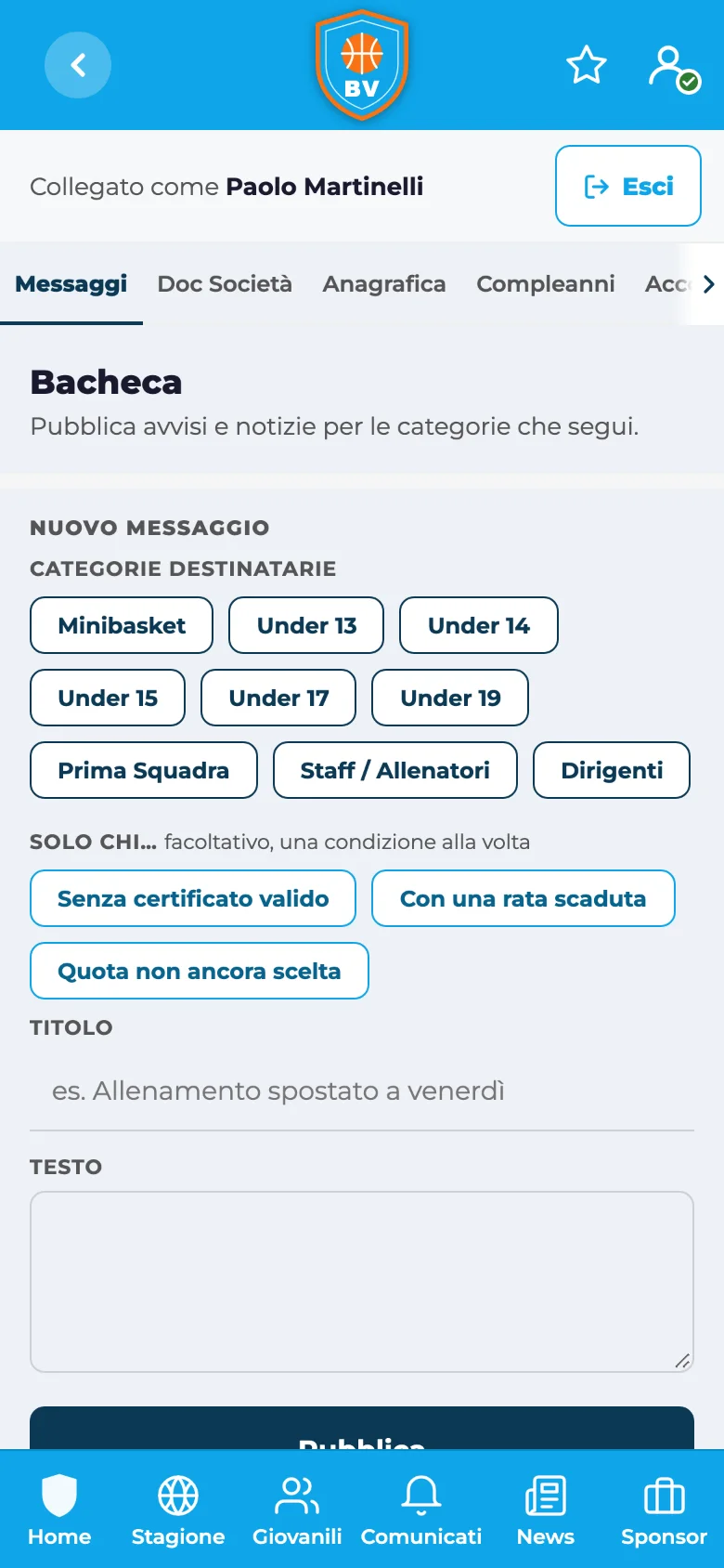 Pubblicazione di un avviso scegliendo le categorie destinatarie