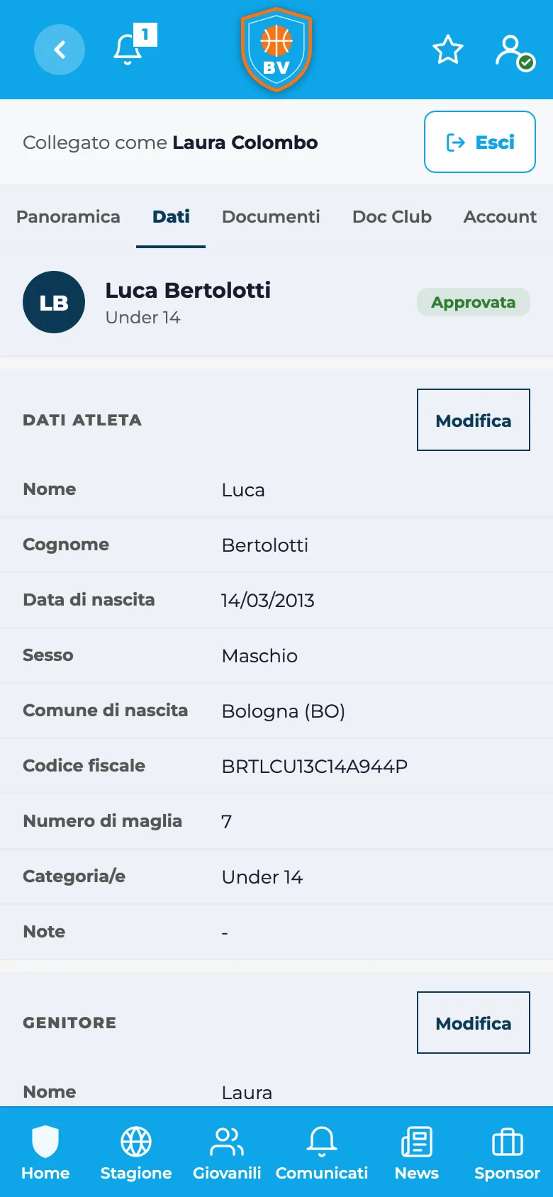 Profilo atleta con certificato medico e scadenza