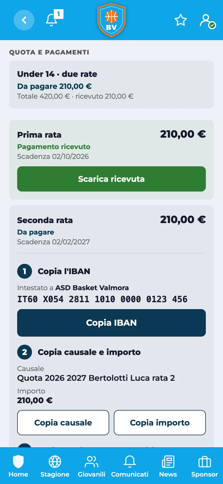 Quota a rate con IBAN, causale e importo da copiare