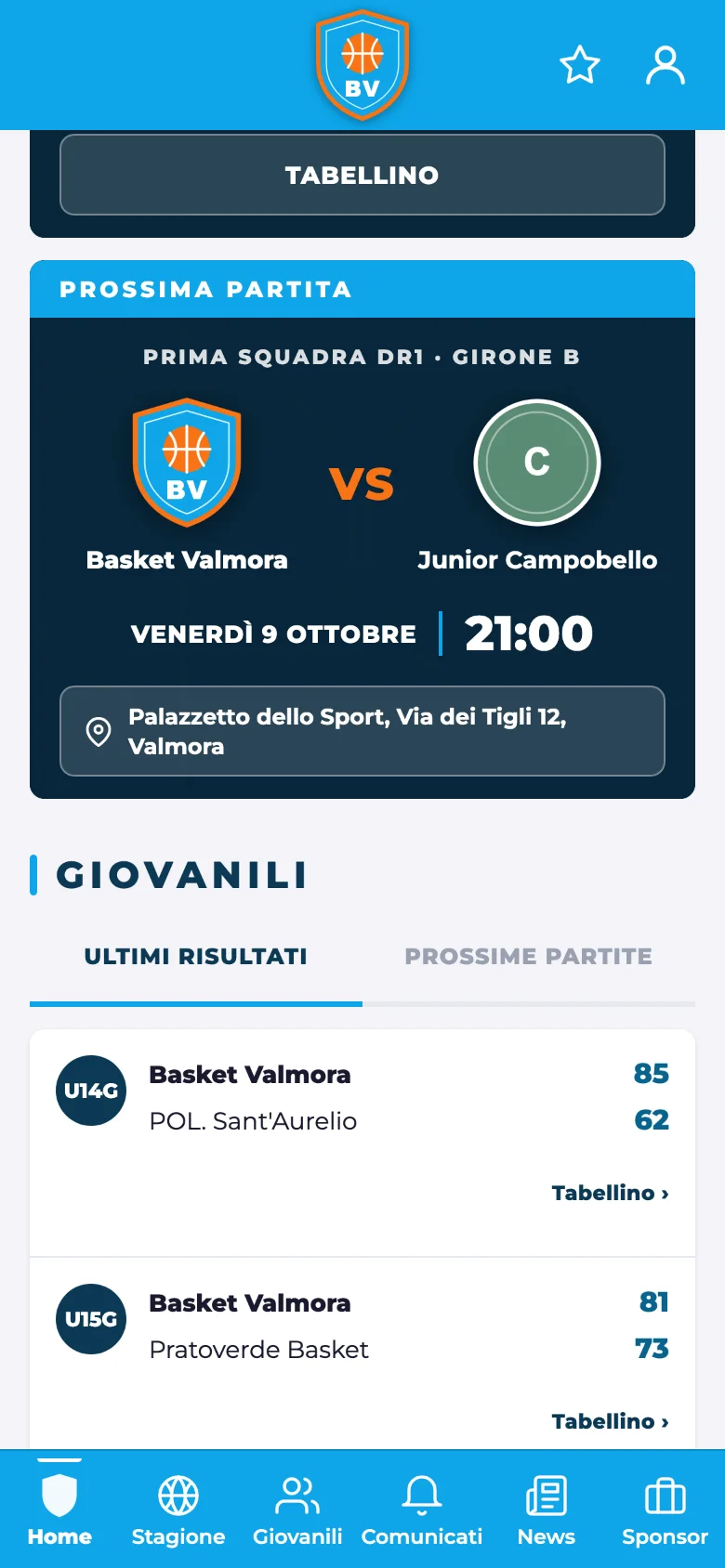 Scheda della prossima partita con palestra e orario